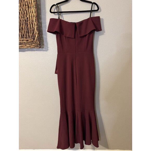 Betsy & Adam 6P Carina Long Maroon Ruffle Off the Shoulder Formal Ballgown NEW - Picture 8 of 11